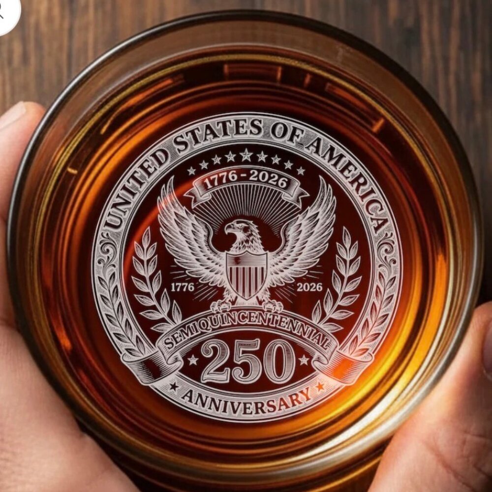 United States 250th Anniversary Engraved Rocks Whiskey Glass, USA Patriotic Gift